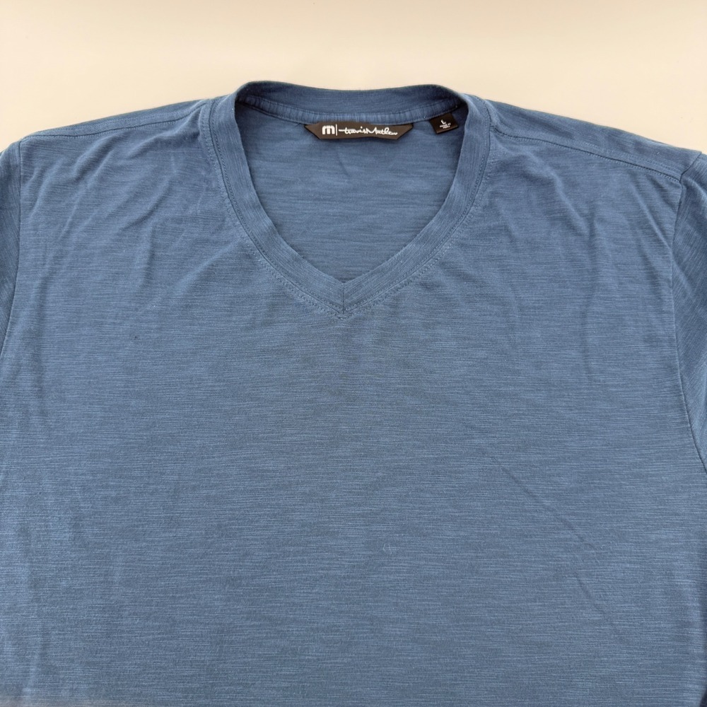 TravisMathew T-Shirt Men L Blue Solid Cotton‎ Modal Stretch V-Neck Short Sleeve